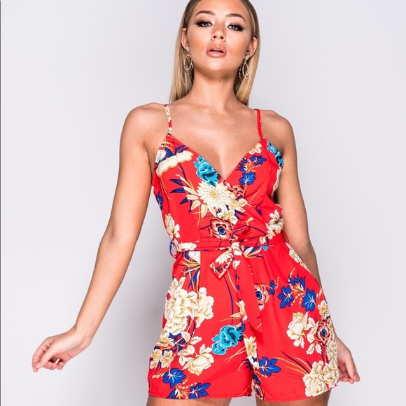 Parisian Works Pants - Red Floral Print Wrap Front Playsuit Romper